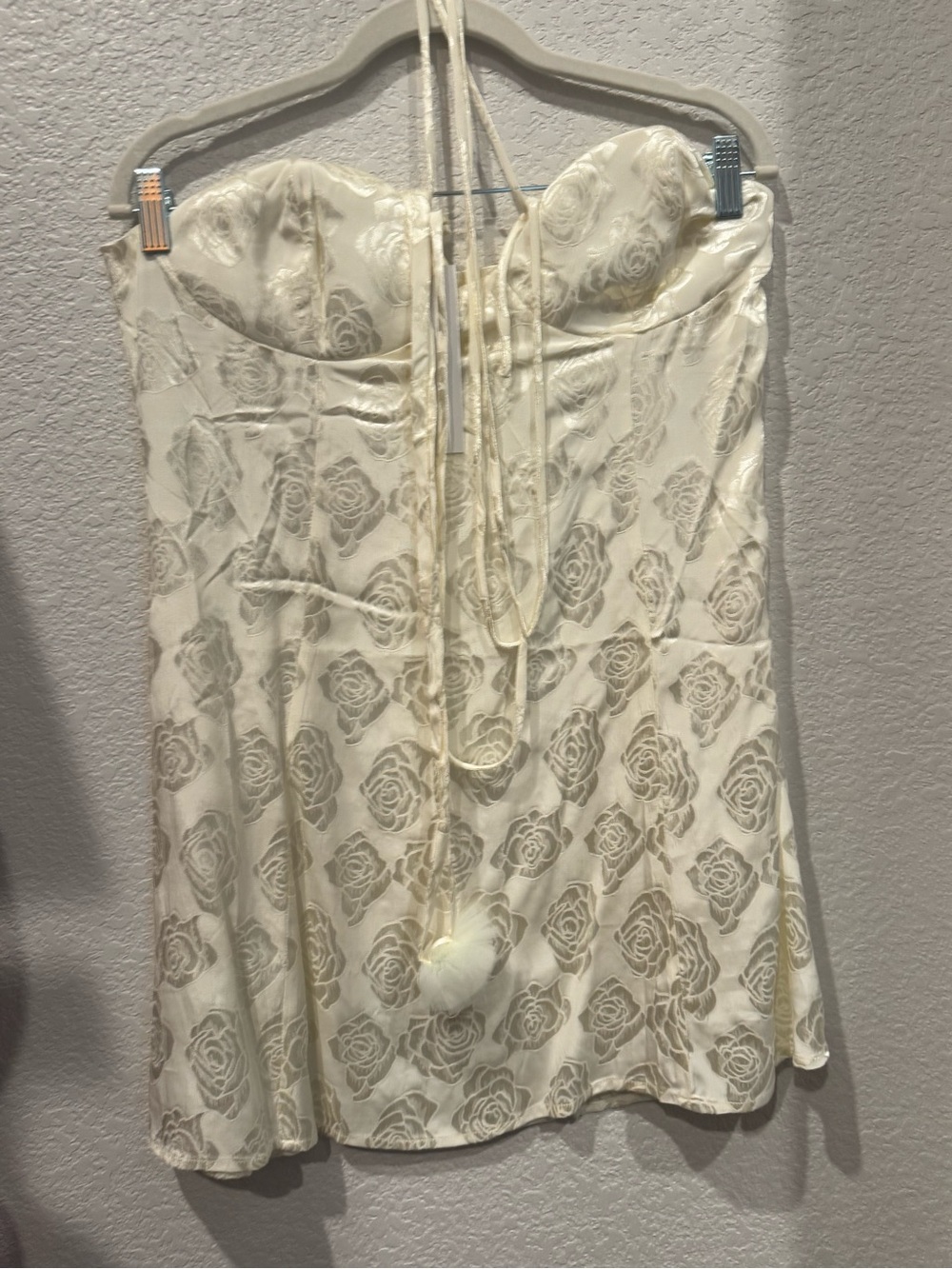 Ivory Floral Satin Slip Dress with Pom Tie for love & lemons large